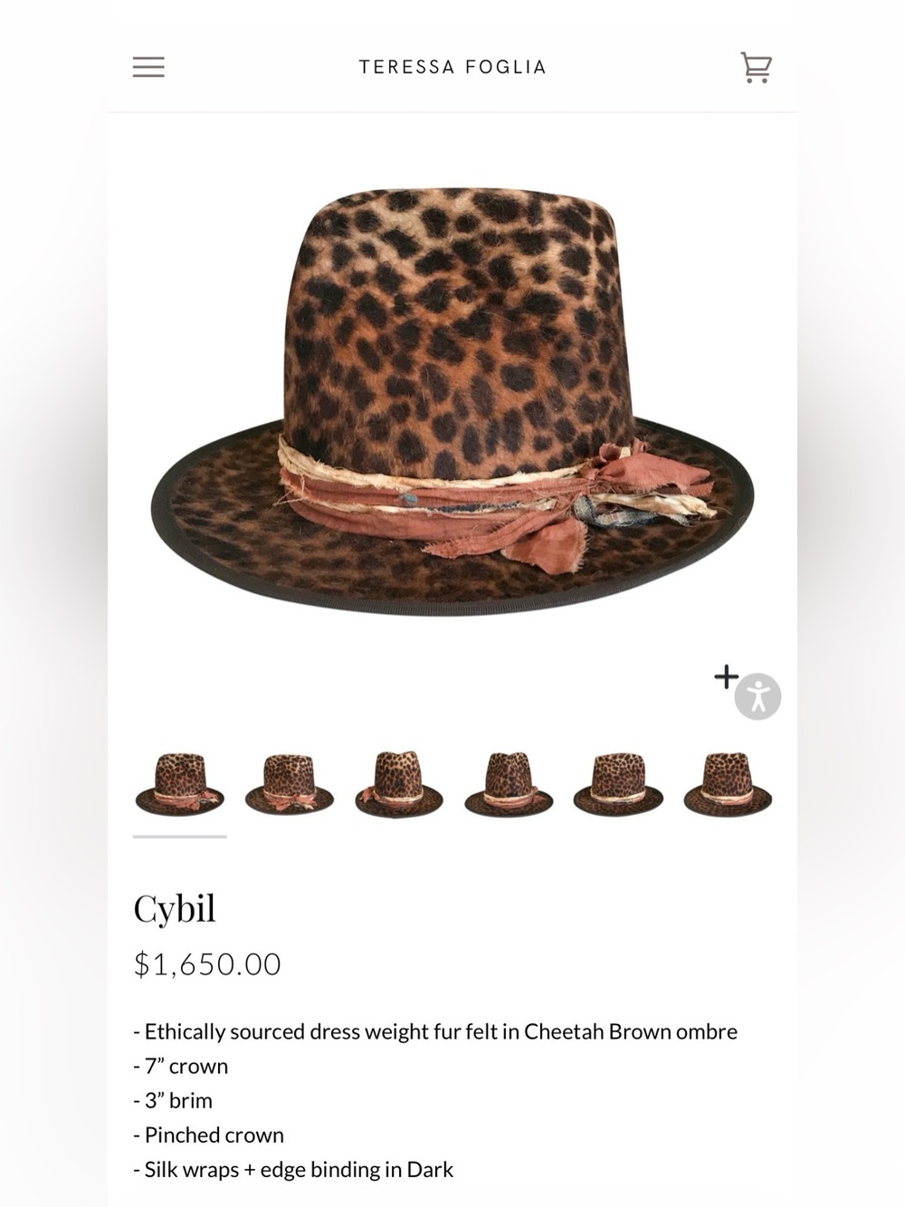 Teressa Foglia Cybil Leopard Print Felt Hat in Cheetah Brown 7 1/4 Excellent!